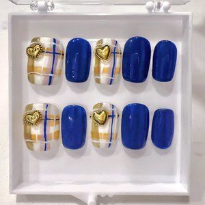 Hand-made blue/beige checker pattern Press on Nails with metal heart|with glue